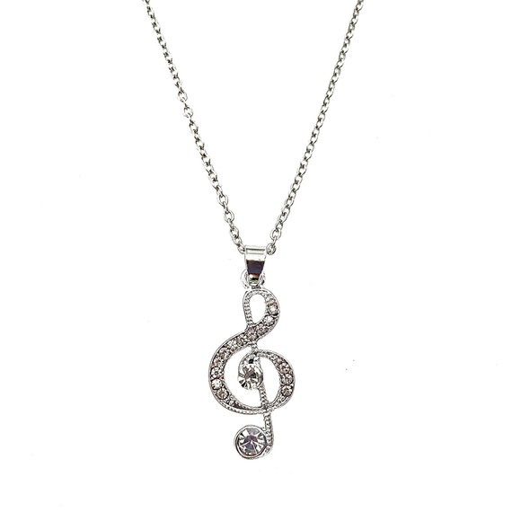 Musical Note Necklace Silver Plated Rhinestone Treble Clef Pendant & Cable Chain - Picture 3 of 7